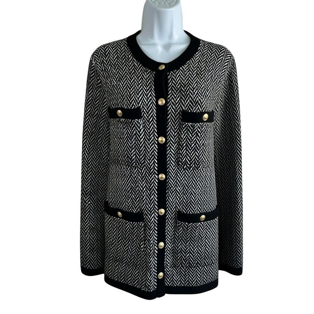 ME + EM Chevron Pattern Knitted Jacket Sz S Round Neck Women’s Wool Blend Preppy